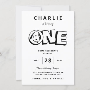 Invitation Snoopy noir et blanc simple Premier anniversaire