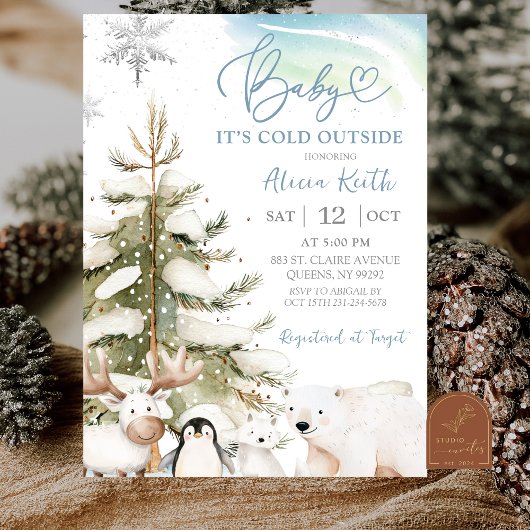 Invitation Snow Boy Winter Arctic Animals Baby Shower