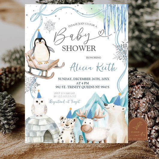 Invitation Snow Boy Winter Arctic Animals Baby Shower