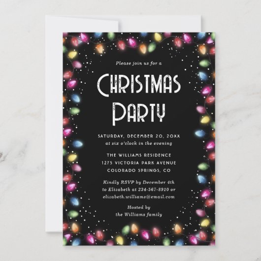 Invitation Snow Colored Lights Black Christmas Party (Devant)