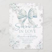 Invitation Snow In Love Blue Bow Silver Snowflake Birthday (Devant / Derrière)
