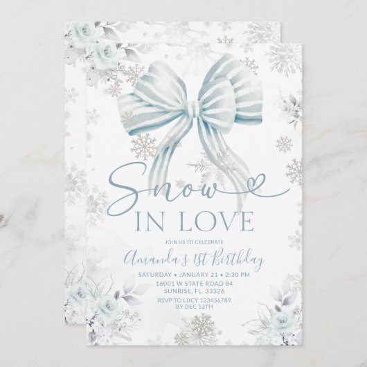 Invitation Snow In Love Blue Bow Silver Snowflake Birthday (Devant / Derrière)
