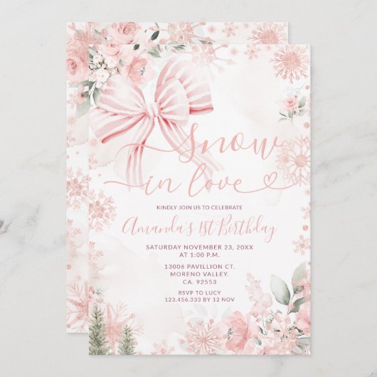 Invitation Snow In Love Pink Bow Floral Christmas Birthday (Devant / Derrière)