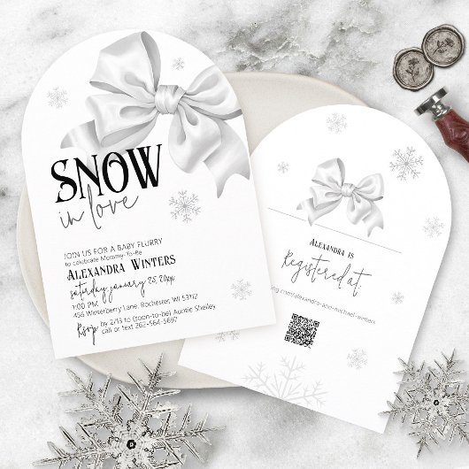 Invitation Snow In Love White Bow Baby Shower Winter Arch QR