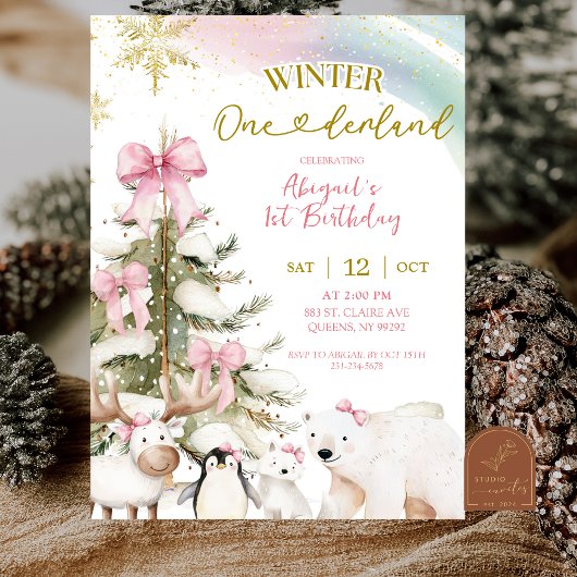 Invitation Snow Pink Winter Arctic Animal First Birthday