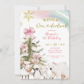 Invitation Snow Pink Winter Arctic Animal First Birthday (Devant)