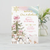 Invitation Snow Pink Winter Arctic Animal First Birthday (Debout devant)
