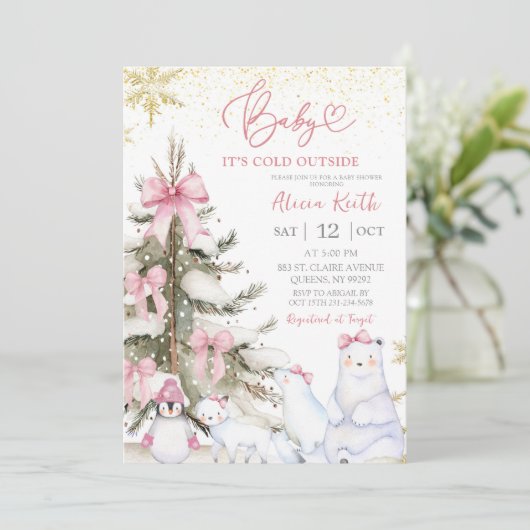 Invitation Snow Pink Winter Arctic Animals Baby Shower (Debout devant)