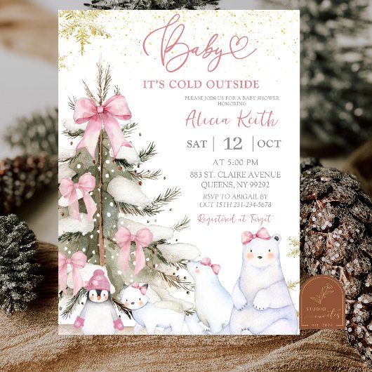 Invitation Snow Pink Winter Arctic Animals Baby Shower