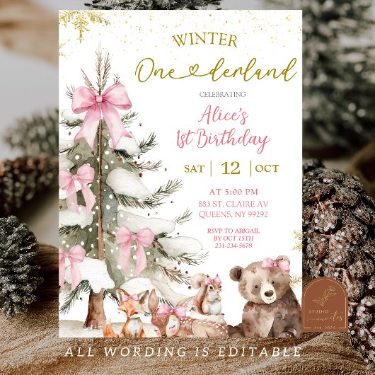 Invitation Snow Pink Winter Onederland First Birthday 