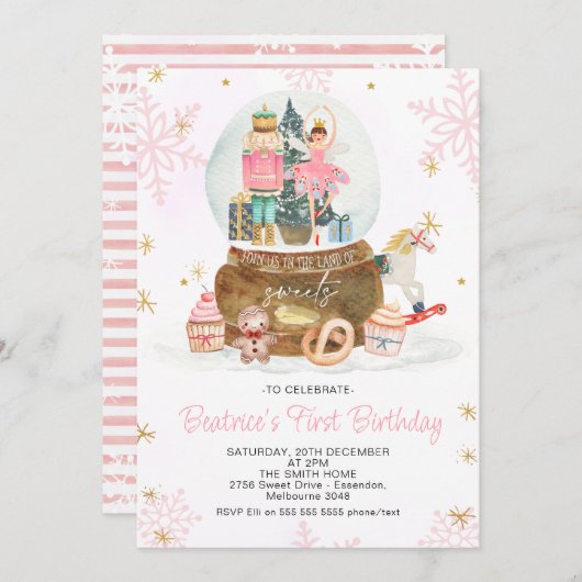 Invitation Snowball Globe Nutcracker Sugar Plum Fairy Sweets (Devant / Derrière)