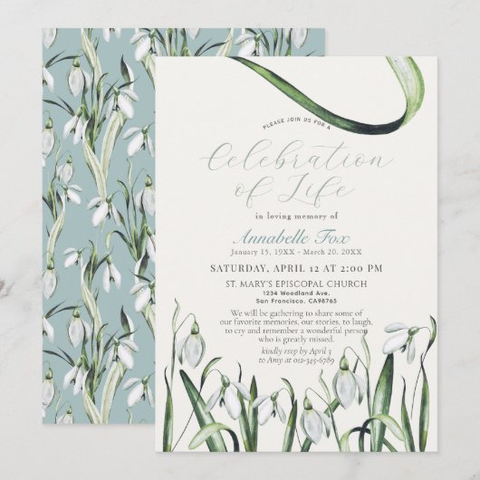 Invitation Snowdrops Célébration de la vie funéraire Memorial (Devant / Derrière)
