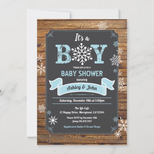 Invitation Snowflake bébé garçon douche bois rustique tableau (Devant)