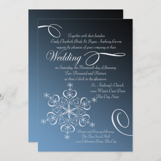 Invitation Snowflake Blue Elegance Mariage d'hiver (Devant / Derrière)