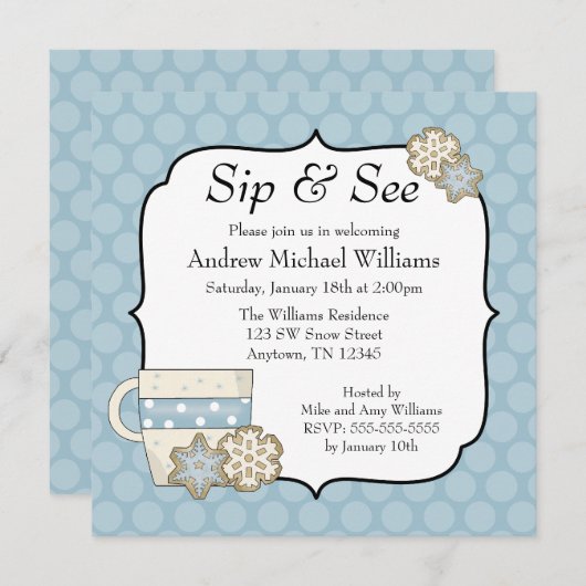 Invitation Snowflake Blue Polka Point Sip et voir (Devant / Derrière)