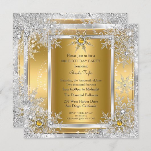 Invitation Snowflake Gold Silver Winter Wonderland Party 2 (Devant / Derrière)