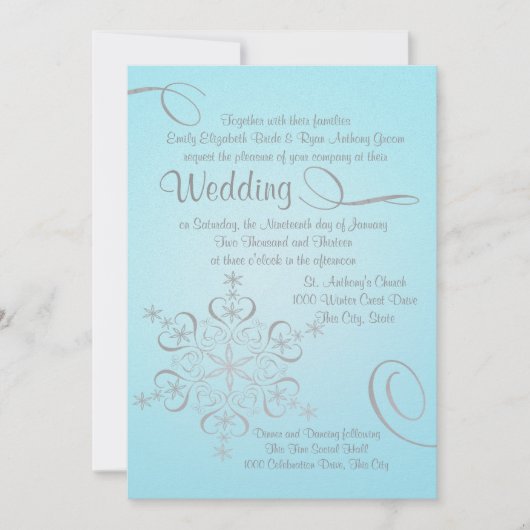 Invitation Snowflake Ice Blue et Silver Mariage d'hiver (Devant)