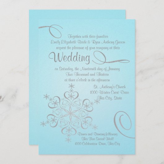 Invitation Snowflake Ice Blue et Silver Mariage d'hiver (Devant / Derrière)