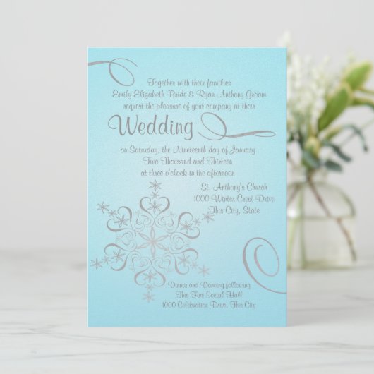 Invitation Snowflake Ice Blue et Silver Mariage d'hiver (Debout devant)