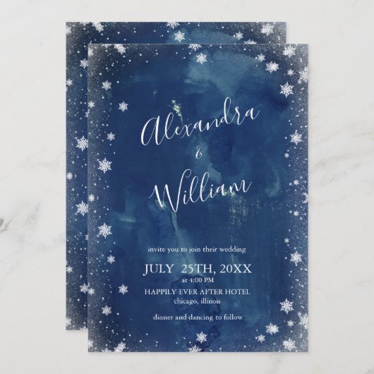 Invitation Snowflake Marine Bleu Aquarelle d'hiver Mariage d' (Devant / Derrière)