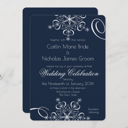 Invitation Snowflake Marine Blue Elegance Mariage d'hiver (Devant / Derrière)