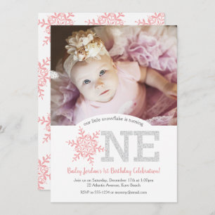 Invitation Snowflake Parties scintillant d'argent rose 1er an