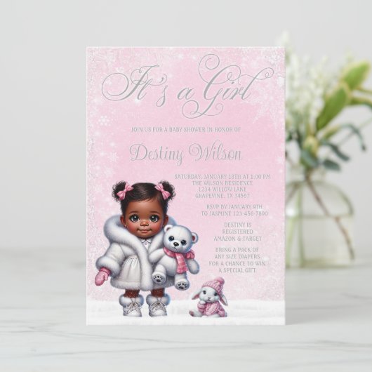 Invitation Snowflake Pink Winter Wonderland Baby shower (Debout devant)