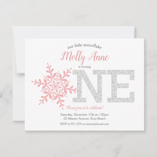 Invitation Snowflake rose Parties scintillant d'argent Hiver (Devant)