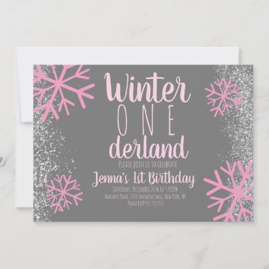 Invitation Snowflake rose Script de neige premier anniversair (Devant)