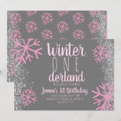 Invitation Snowflake rose Script de neige premier anniversair (Devant / Derrière)