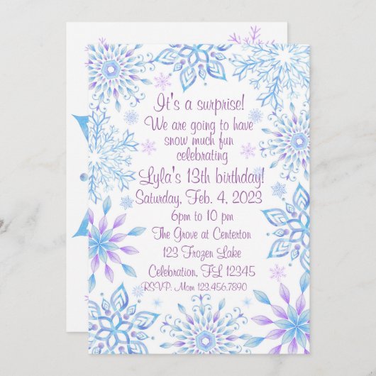 Invitation Snowflake Surprise Neige Beaucoup de plaisir Anniv (Devant / Derrière)