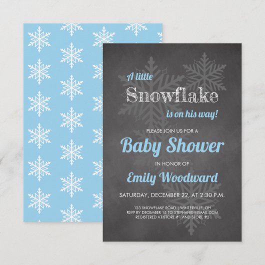 Invitation Snowflake Winter Chalkboard Blue Boys Baby shower (Devant / Derrière)