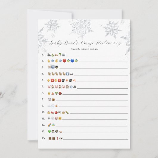 Invitation Snowflakes Baby Books Emoji Game Card (Devant)