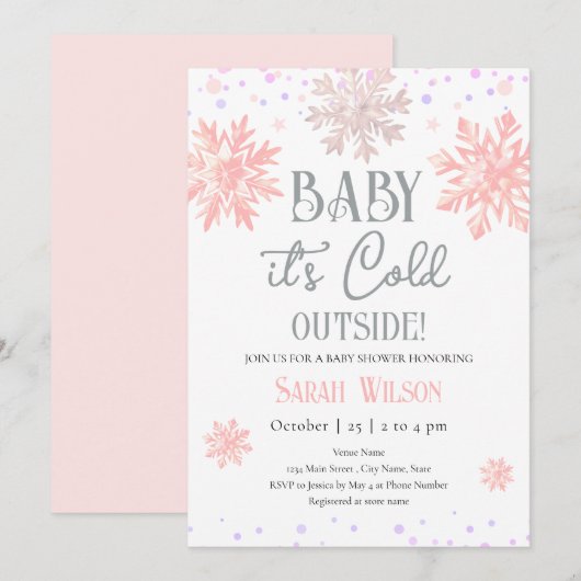 Invitation Snowflakes Baby It's Cold Outside Baby shower Rose (Devant / Derrière)