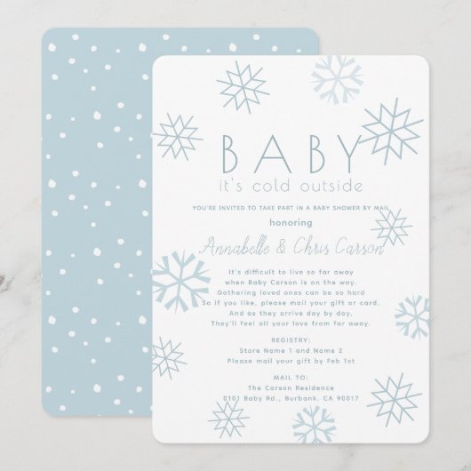Invitation Snowflakes Baby Son Baby shower bleu froid par cou (Devant / Derrière)