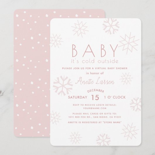 Invitation Snowflakes Baby Son Baby shower virtuel rose froid (Devant / Derrière)