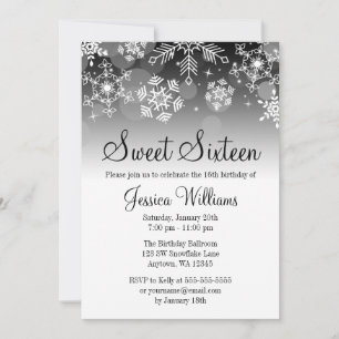 Invitation Snowflakes Black White Winter Wonderland Sweet 16