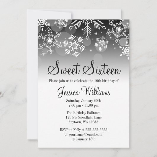 Invitation Snowflakes Black White Winter Wonderland Sweet 16 (Devant)
