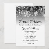 Invitation Snowflakes Black White Winter Wonderland Sweet 16 (Devant / Derrière)