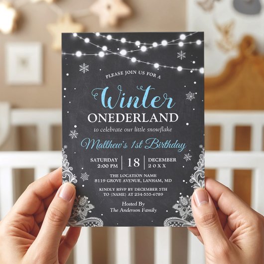 Invitation Snowflakes Chalkboard dentelle bébé garçon premier