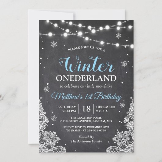 Invitation Snowflakes Chalkboard dentelle bébé garçon premier (Devant)