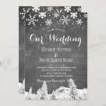 Invitation Snowflakes chalkboard mariage de bois d'hiver<br><div class="desc">Mariage d'hiver rustique élégant modèle d'invitation élégante sur tableau noir gris avec des flocons de neige blancs, des pins d'hiver bordé de bois et des lettres de script blanc. Remplissez vos informations dans les zones, Vous pouvez choisir de le customiser en modifiant davantage les polices et les couleurs du texte....</div>