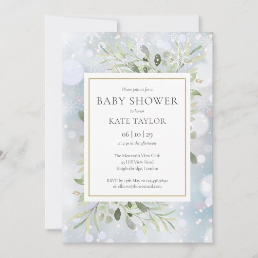 Invitation Snowflakes d'hiver Baby shower verdoyant (Devant)