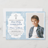 Invitation Snowflakes d'hiver Blue First Holy Communion Photo (Devant)