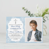 Invitation Snowflakes d'hiver Blue First Holy Communion Photo (Debout devant)