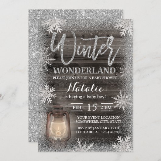Invitation Snowflakes d'hiver & Lantern Grange Baby shower en (Devant / Derrière)