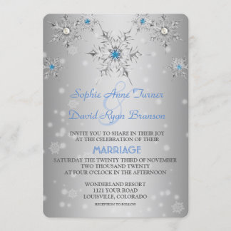 Invitation Snowflakes en argent Crystals Blue Pearls Mariage