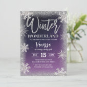 Invitation Snowflakes en argent d'hiver Baby shower violet (Debout devant)