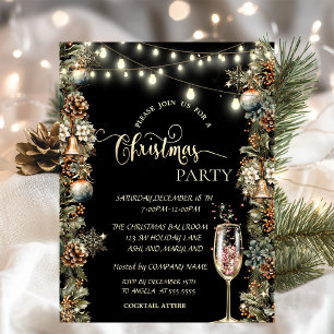 Invitation Snowflakes en or, Verre de Champagne Noël