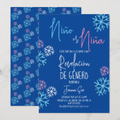 Invitation Snowflakes espagnol bleu rose Sexe Révéler hiver (Devant / Derrière)